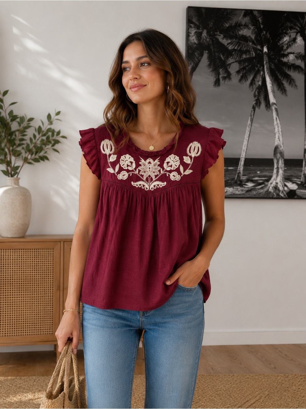 Knox Rose Burgundy Floral Embroidered Boho Top